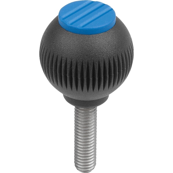Spherical Knob Size:4, D1=50 D=M10X40, Plastic Black Ral7021, Comp:Stainless Steel, Cap:Blue Ral5017